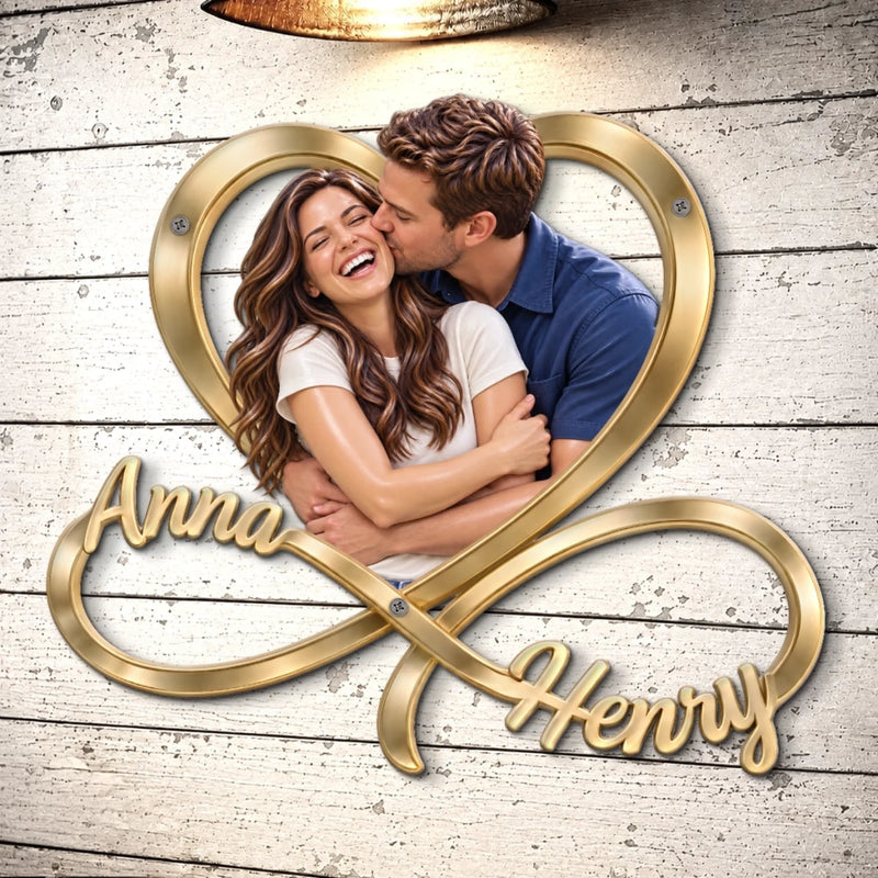 Custom Photo Name Couple Love Gifts For Husband And Wife, Him And Her - Personalized Shaped Metal Sign