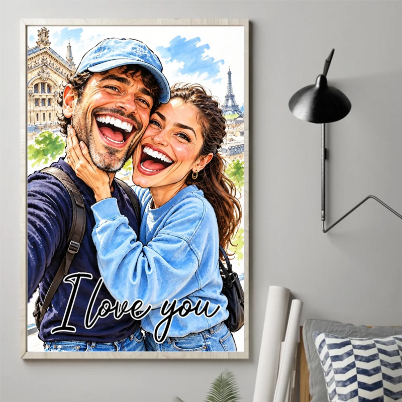 Custom Photo Funny Caricature Romantic Couple Gifts For Husband And Wife, Him And Her - Personalized Poster