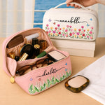 Custom Name Butterfly Wildflower Gifts For Women - Personalized PU Leather Travel Toiletry Bag
