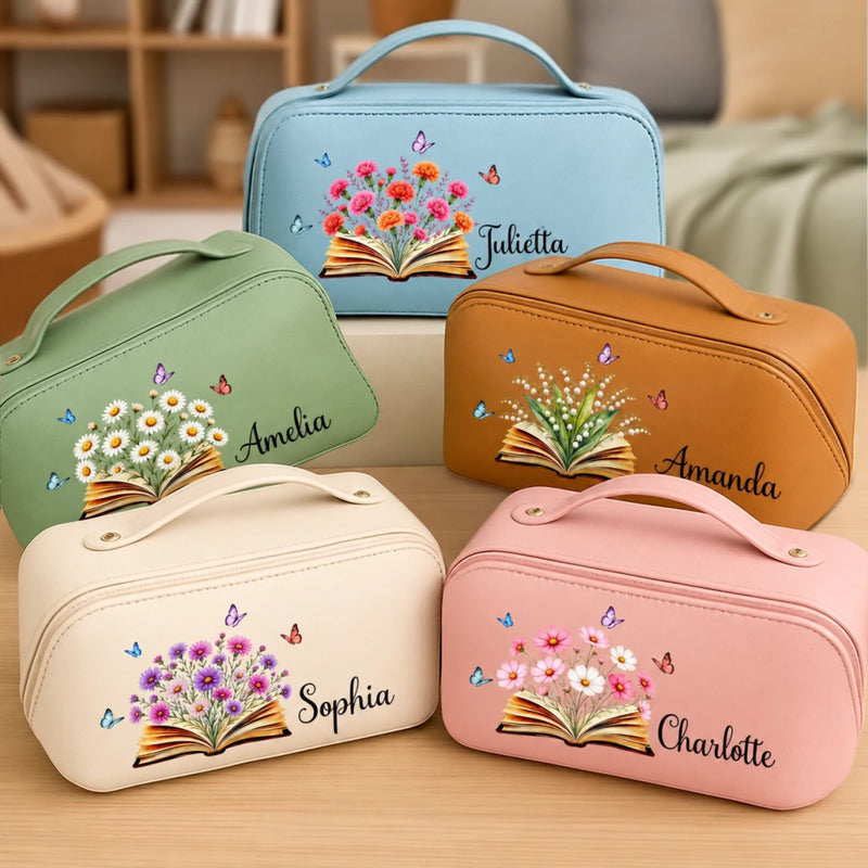 Custom Name Floral Bookish Gifts For Book Lovers, Women - Personalized PU Leather Travel Toiletry Bag