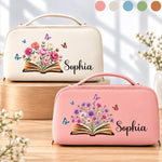 Custom Name Floral Bookish Gifts For Book Lovers, Women - Personalized PU Leather Travel Toiletry Bag