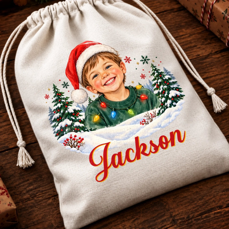 Custom Photo And Name Christmas Gifts for Kids - Personalized Drawstring Gift Bag