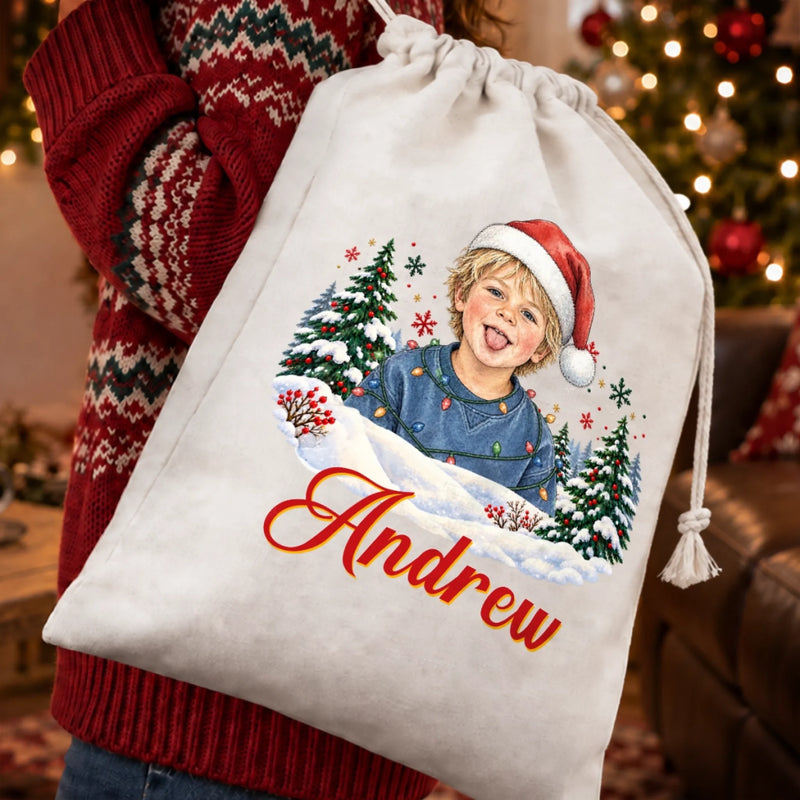 Custom Photo And Name Christmas Gifts for Kids - Personalized Drawstring Gift Bag