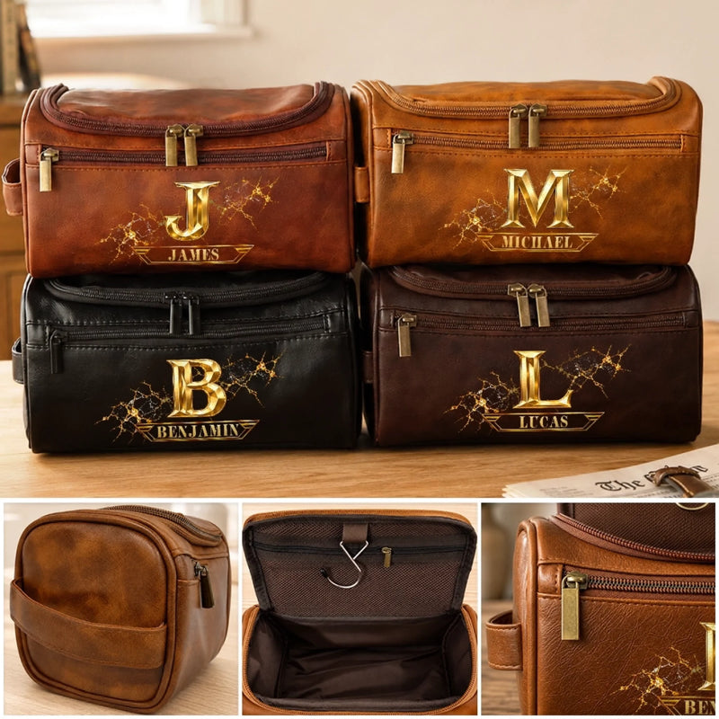 Custom Name Monogram Gifts For Men - Personalized Leather Toiletry Bag