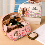 Custom Photo Floral Name Gifts for Women and Girls - Personalized PU Leather Travel Toiletry Bag