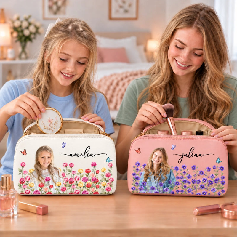 Custom Photo Floral Name Gifts for Women and Girls - Personalized PU Leather Travel Toiletry Bag
