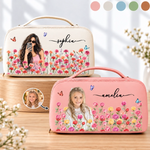 Custom Photo Floral Name Gifts for Women and Girls - Personalized PU Leather Travel Toiletry Bag