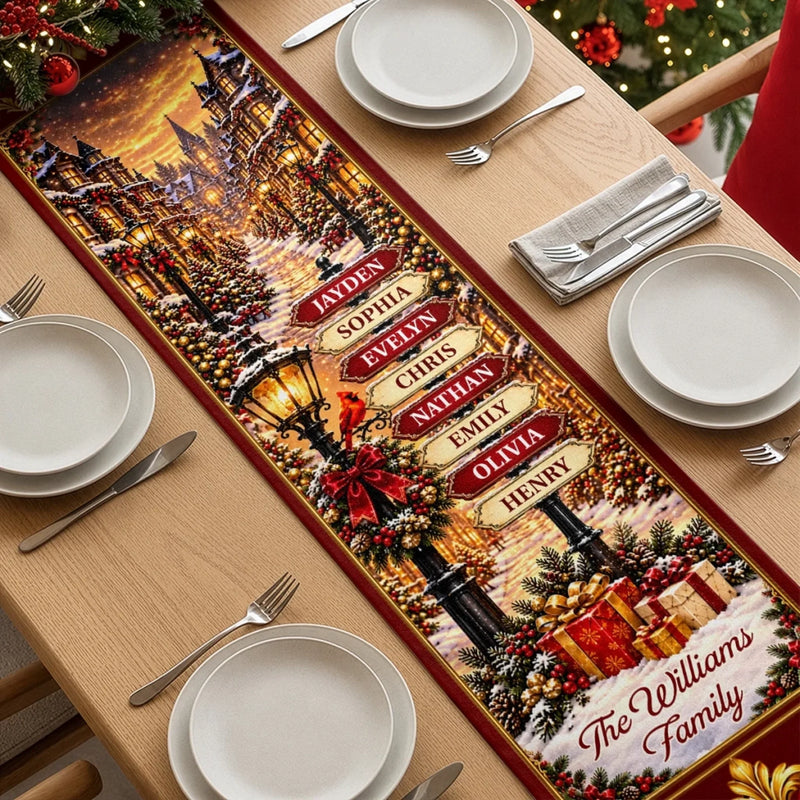 Custom Name Christmas Village Family Decor - Personalized Table Runner
