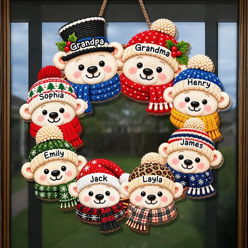 Custom Name Christmas Bear Family Decor - Personalized Shaped Wood Sign