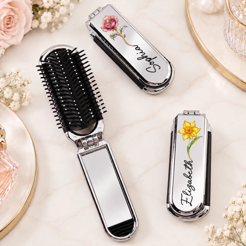 Custom Name Floral Gifts for Women - Personalized 2-In-1 Foldable Makeup Mirror