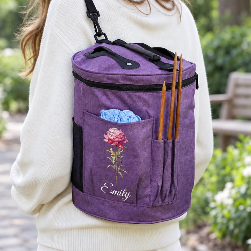 Custom Flower Yarn Storage Bag For Knitters, Women - Personalized Cylindrical Large Yarn Storage Bag