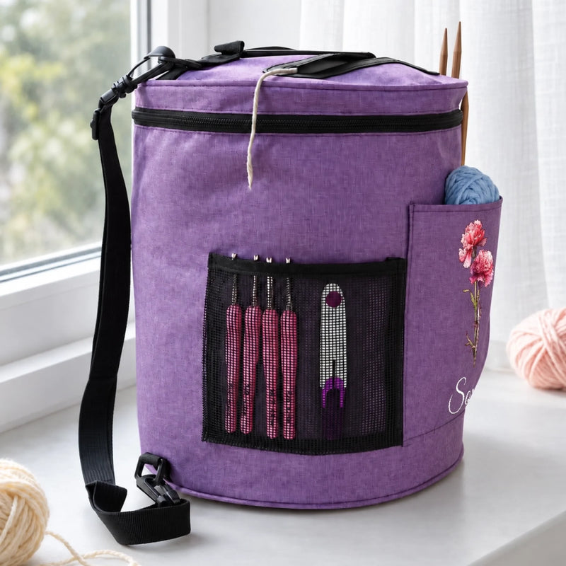 Custom Flower Yarn Storage Bag For Knitters, Women - Personalized Cylindrical Large Yarn Storage Bag