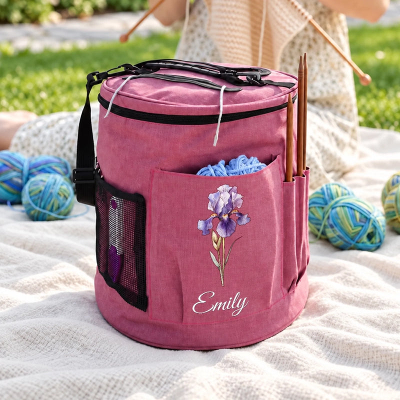 Custom Flower Yarn Storage Bag For Knitters, Women - Personalized Cylindrical Large Yarn Storage Bag