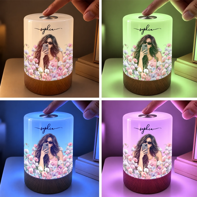 Custom Name Photo Flower Selfie Gifts for Her - Personalized Dimmable Touch Night Light