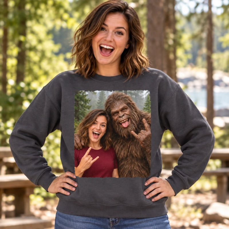 Custom Photo Bigfoot Selfie Funny Prank Gifts For Men And Women - Personalized Crewneck Pullover Sweatshirt