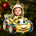 Custom Photo Christmas Astronaut Race Car Gifts for Kids - Personalized Acrylic Ornament