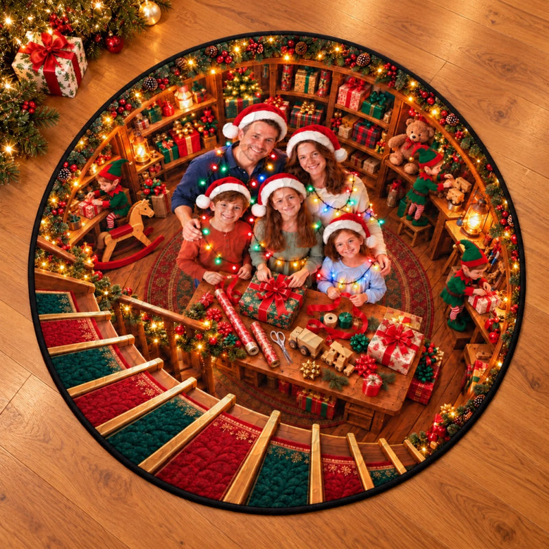 Custom Photo Santa Workshop Family Decor - Personalized Quilted Round Mat