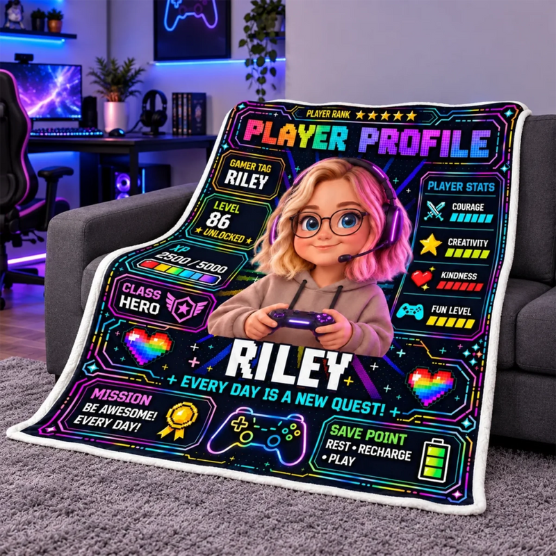 Custom Photo Name Gamer Profile Gifts for Kids - Personalized Blanket