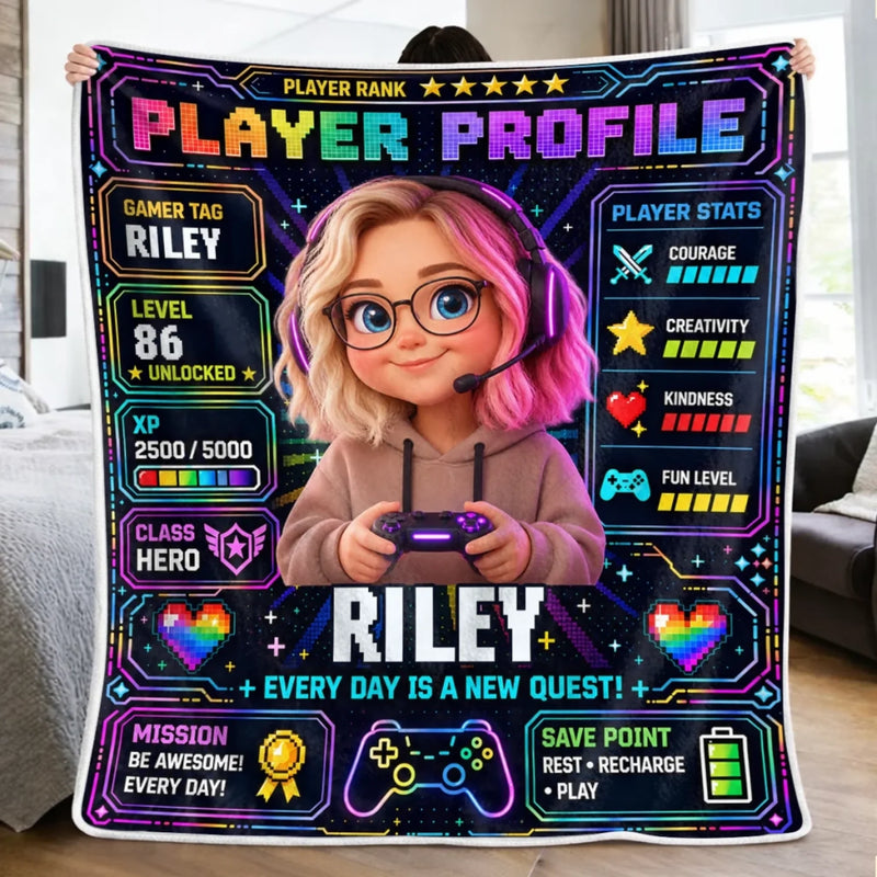 Custom Photo Name Gamer Profile Gifts for Kids - Personalized Blanket