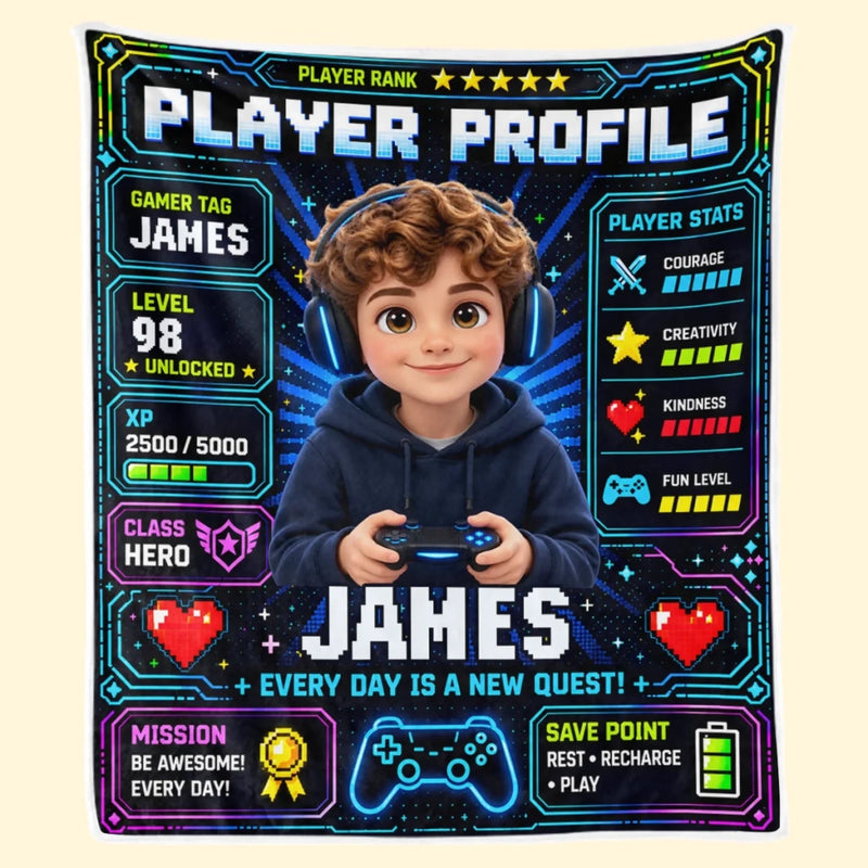 Custom Photo Name Gamer Profile Gifts for Kids - Personalized Blanket