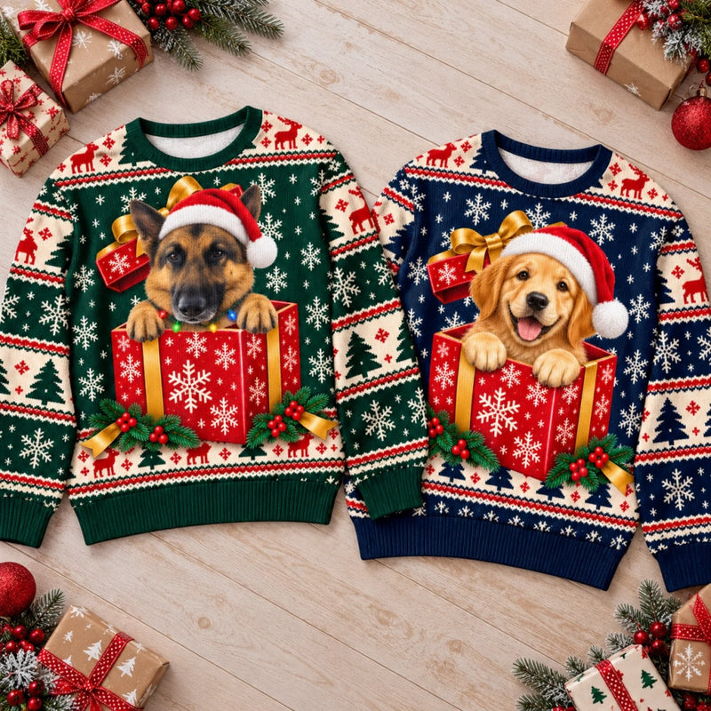 Custom Pet Photo Christmas Gift Box Gifts For Dog And Cat Lovers, Pet Lovers - Personalized Ugly Sweatshirt