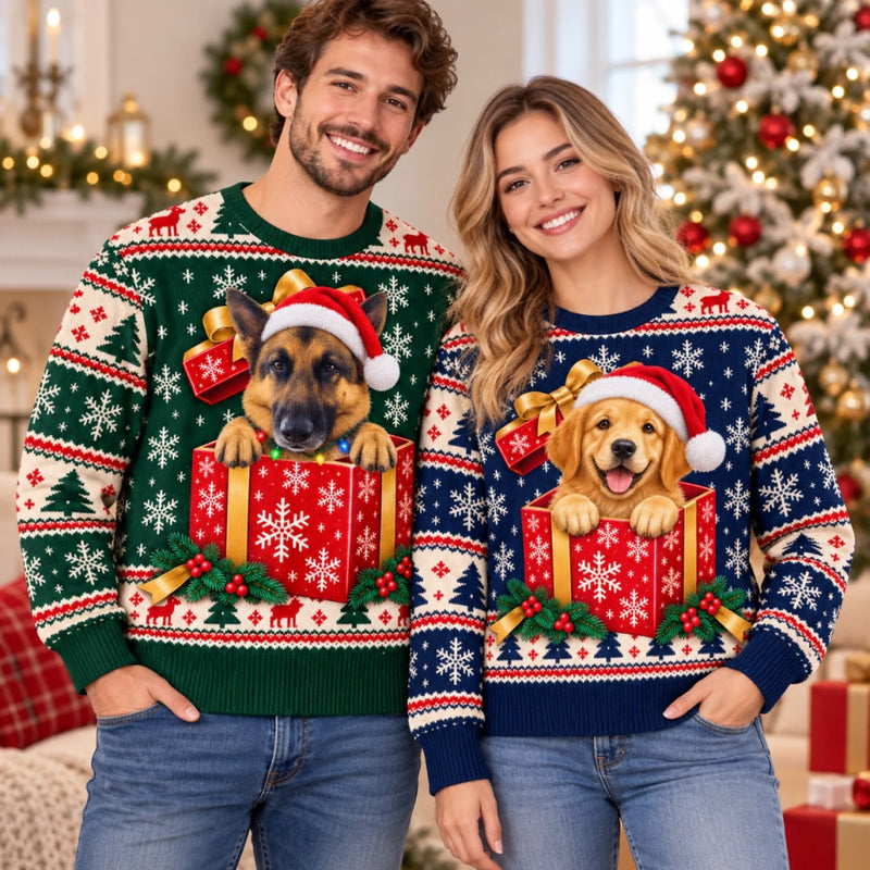 Custom Pet Photo Christmas Gift Box Gifts For Dog And Cat Lovers, Pet Lovers - Personalized Ugly Sweatshirt