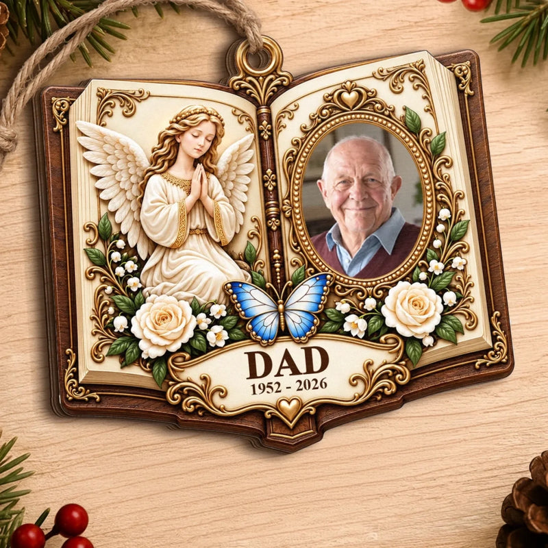 Custom Photo Angel Memorial Keepsake for Dad - Personalized Wooden Ornament