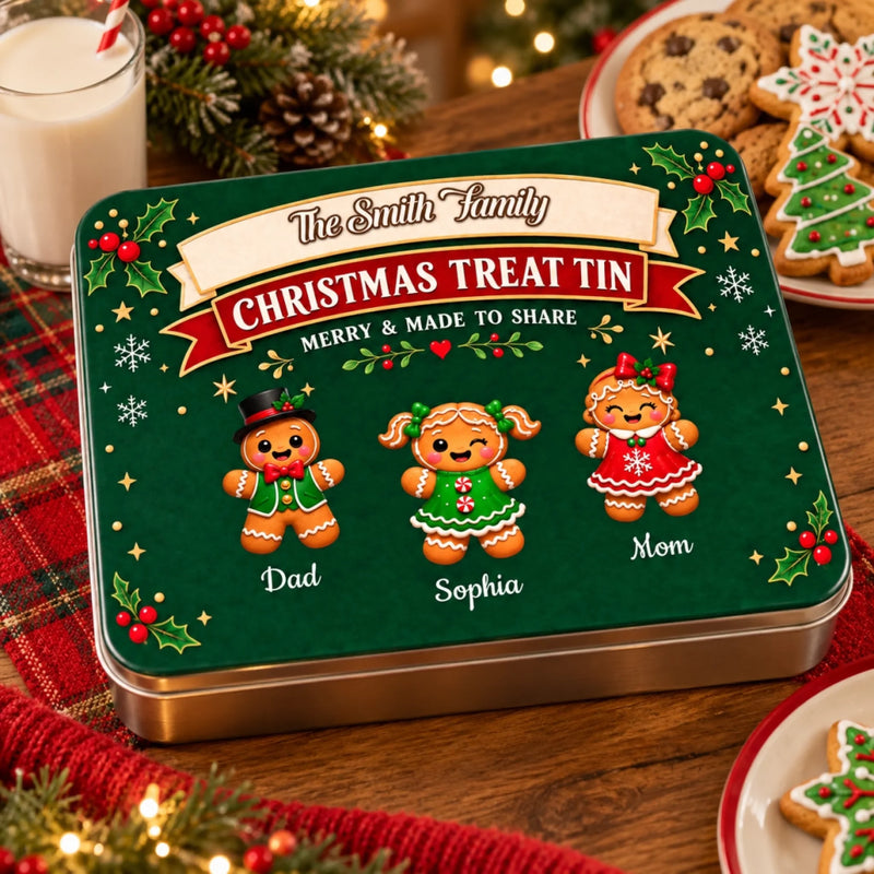 Custom Name Gingerbread Family Christmas Gifts - Personalized Metal Tin