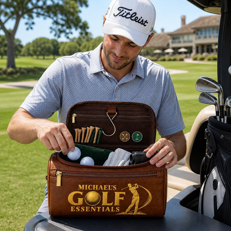 Custom Name Golf Essentials Gifts for Golfers - Personalized Leather Toiletry Bag