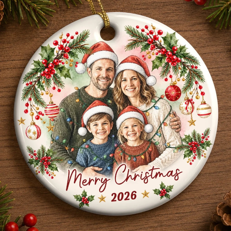 Custom Family Photo Christmas Keepsake - Personalized Ceramic Ornament