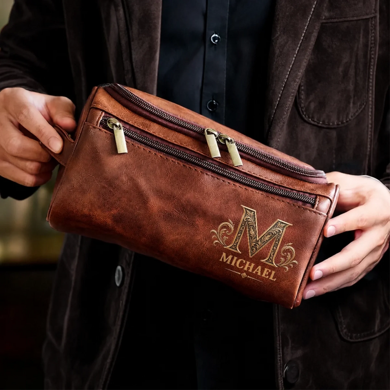 Custom Name Monogram Travel Gifts - Personalized Leather Toiletry Bag