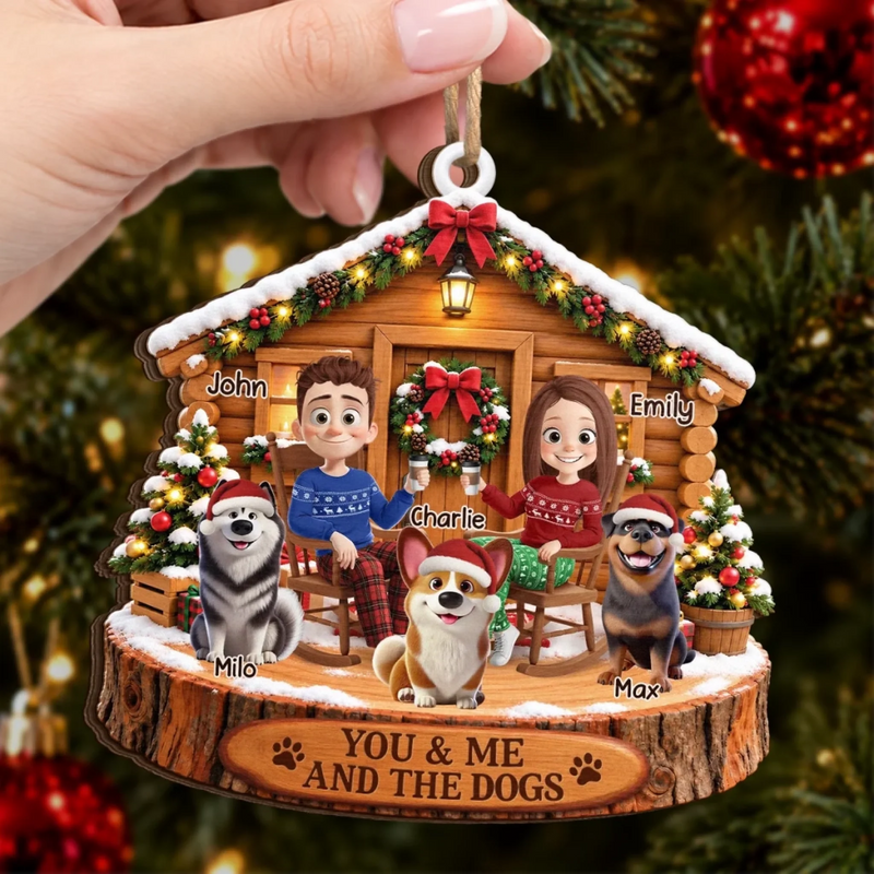 Custom Name Family and Dog Christmas Gifts For Couples, Pet Lovers - Personalized Wooden Ornament