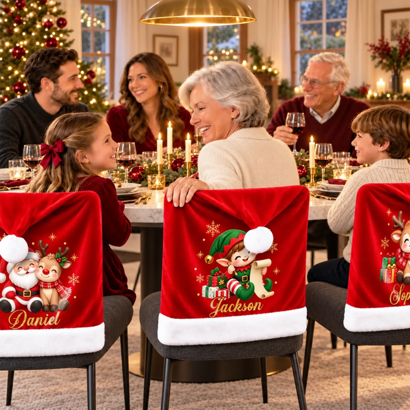 Custom Name Christmas Santa Reindeer Character Gifts for Family - Personalized Chair Cover