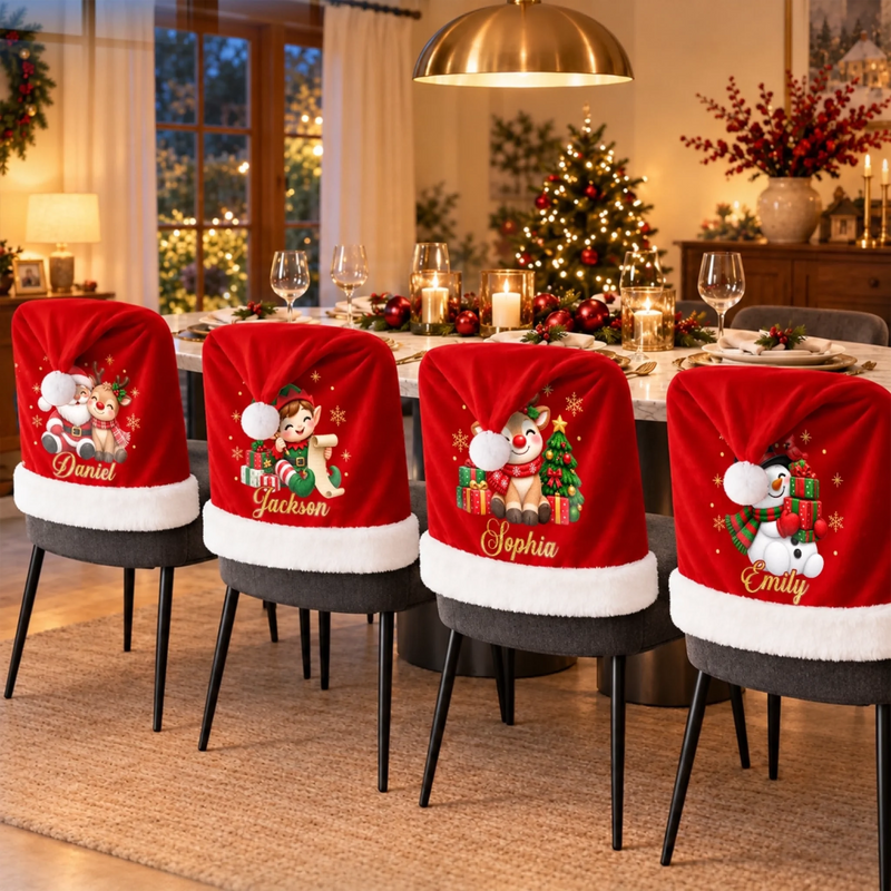 Custom Name Christmas Santa Reindeer Character Gifts for Family - Personalized Chair Cover