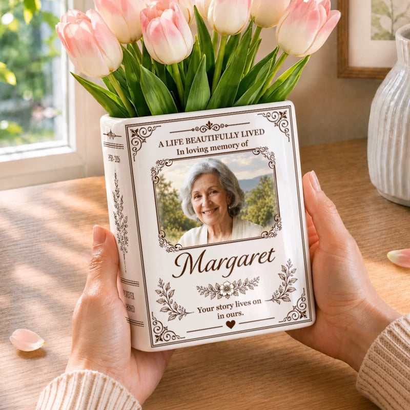 Custom Photo In Loving Memory Decor - Personalized Book Vase