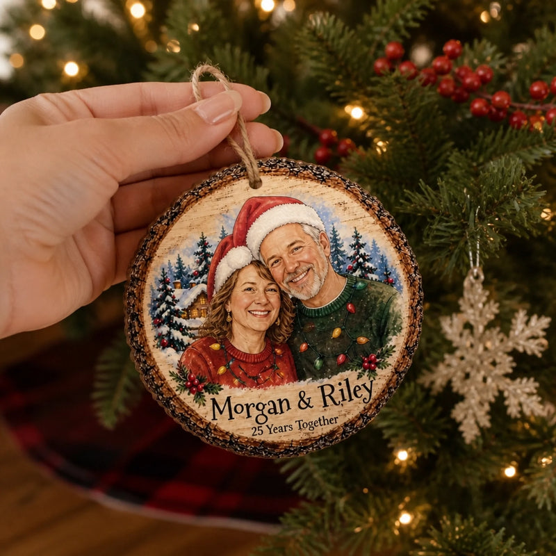 Custom Couple Christmas Photo Anniversary Gifts - Personalized Wooden Ornament