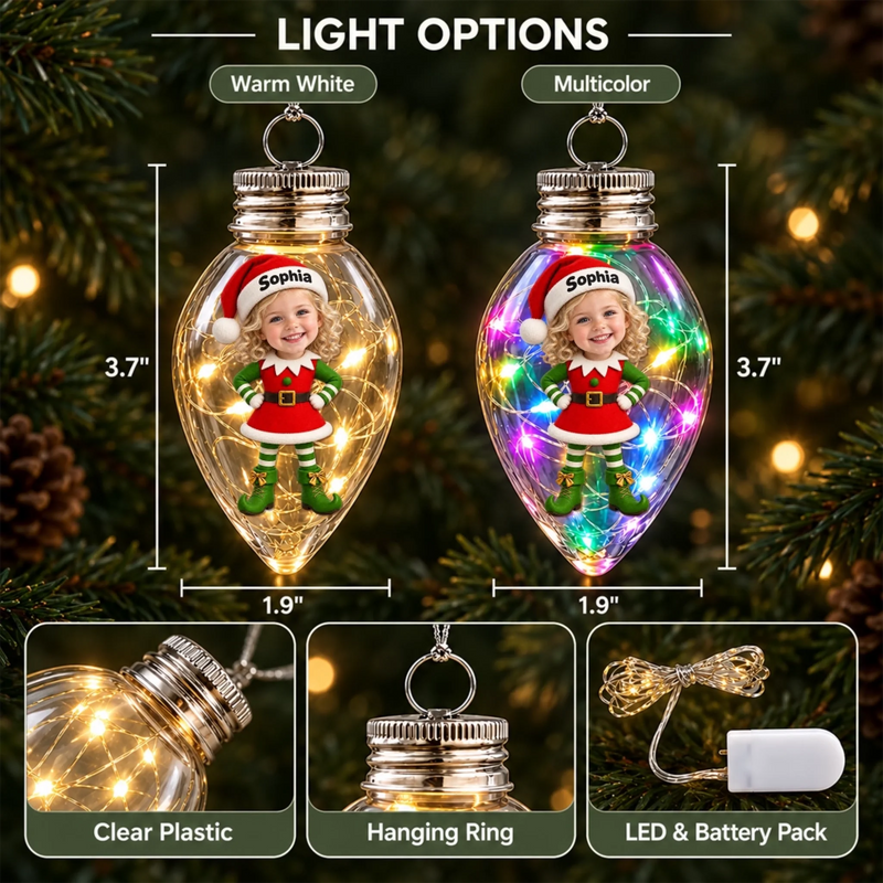 Custom Photo Christmas Elf Family Gifts - Personalized Bulb LED Light Ornament