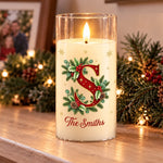 Custom Family Name Christmas Holly Decor - Personalized LED Candle Light