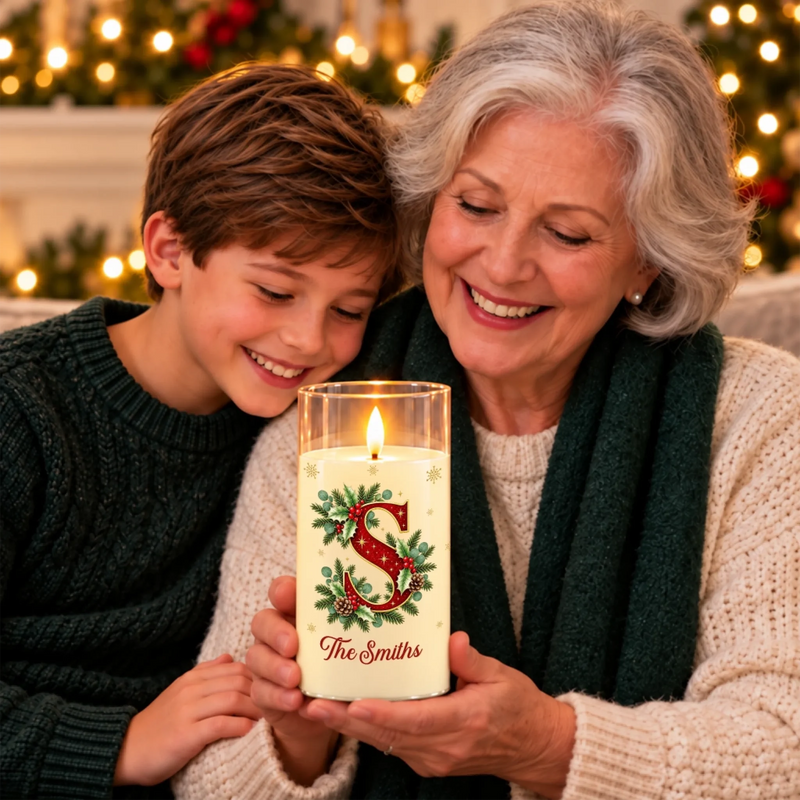 Custom Family Name Christmas Holly Decor - Personalized LED Candle Light