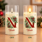 Custom Family Name Christmas Holly Decor - Personalized LED Candle Light