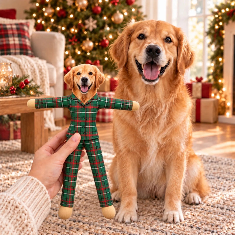 Custom Photo Christmas Pajamas Doll Gifts For Dog And Cat Lovers - Personalized Poseable Plush Doll