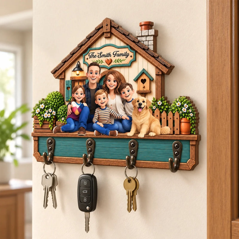 Custom Family Photo Name Home Decor - Personalized Wooden Key Holder