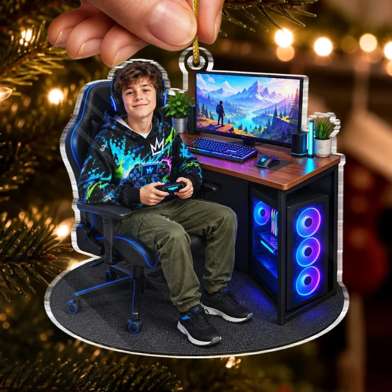 Custom Photo Gaming Setup Christmas Gifts For Kids - Personalized Acrylic Ornament