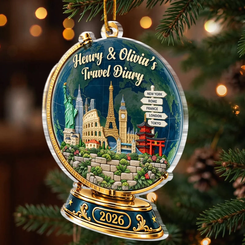 Custom Photo Travel Diary Globe Couple Christmas Gifts - Personalized Ornament