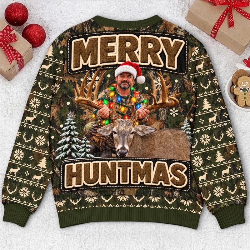 Custom Photo Merry Huntmas Hunting Christmas Gifts for Him - Personalized Ugly Sweatshirt