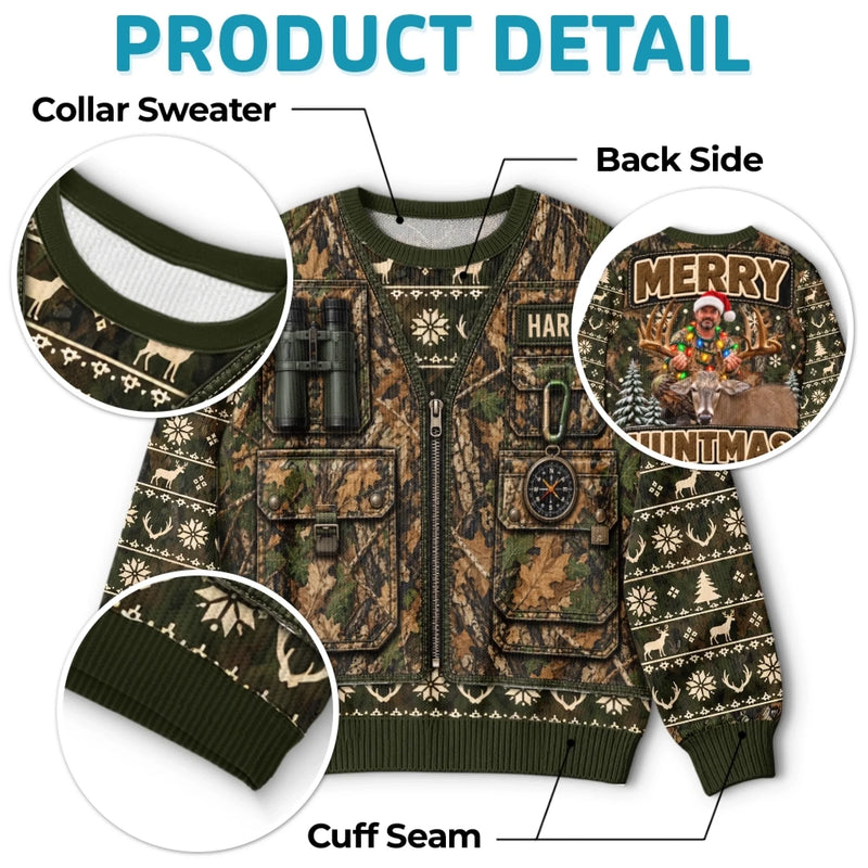Custom Photo Merry Huntmas Hunting Christmas Gifts for Him - Personalized Ugly Sweatshirt