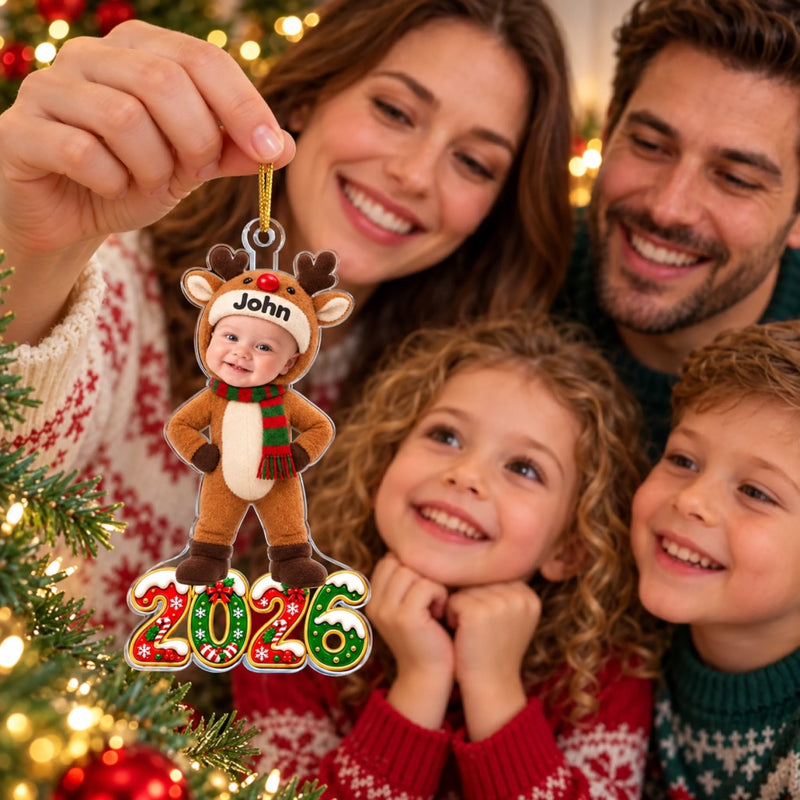 Custom Photo 2026 Reindeer Costume Kids Christmas Gifts - Personalized Acrylic Ornament