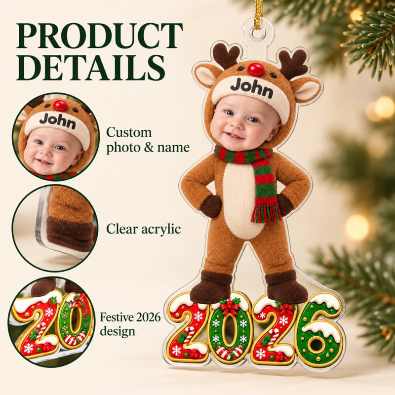 Custom Photo 2026 Reindeer Costume Kids Christmas Gifts - Personalized Acrylic Ornament