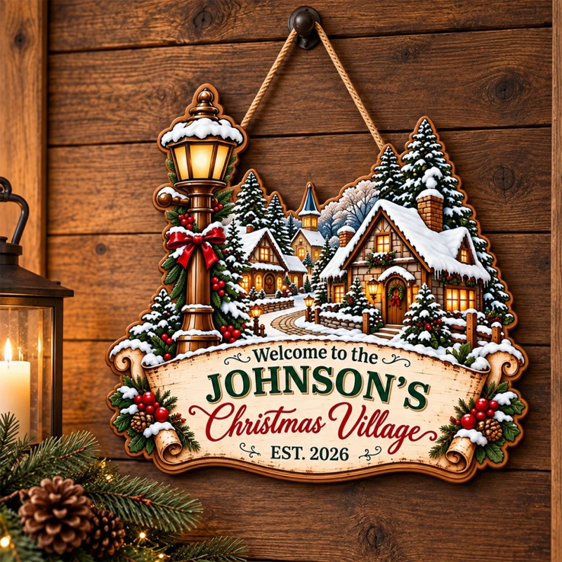 Custom Family Name Christmas Village Welcome Sign Gifts For Family - Personalized Wood Sign