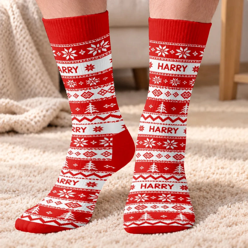 Custom Name Festive Pattern Family Christmas Gifts - Personalized Middle Tube Socks